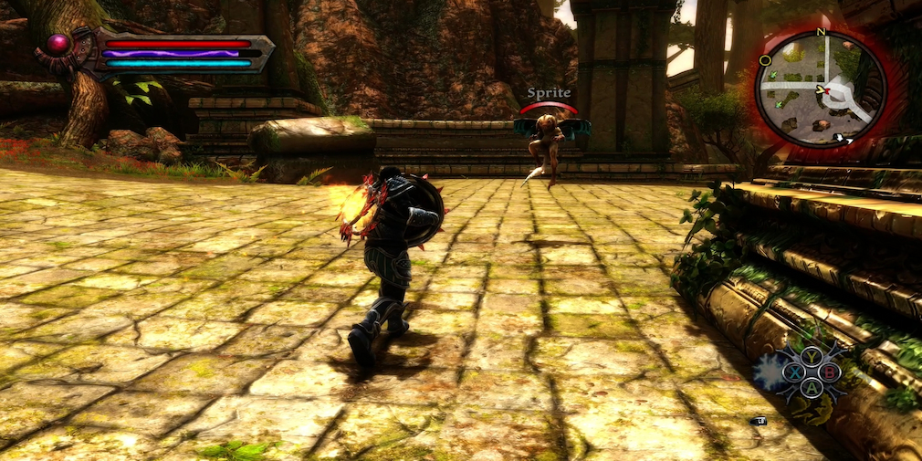 A character with a shield facing a sprite