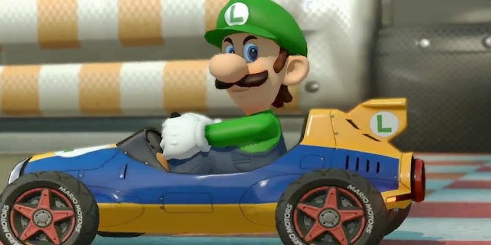 Luigi in a kart staring menacingly