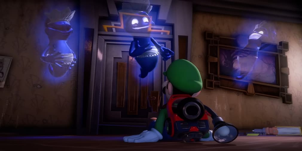 Luigi on the floor with three ghosts laughing