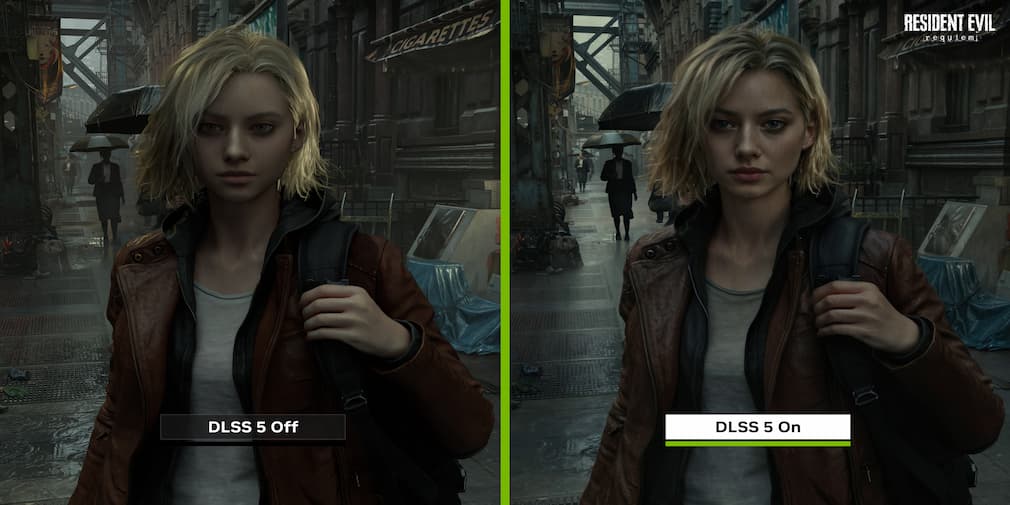Two pictures of a woman with the DLSS 5 filter